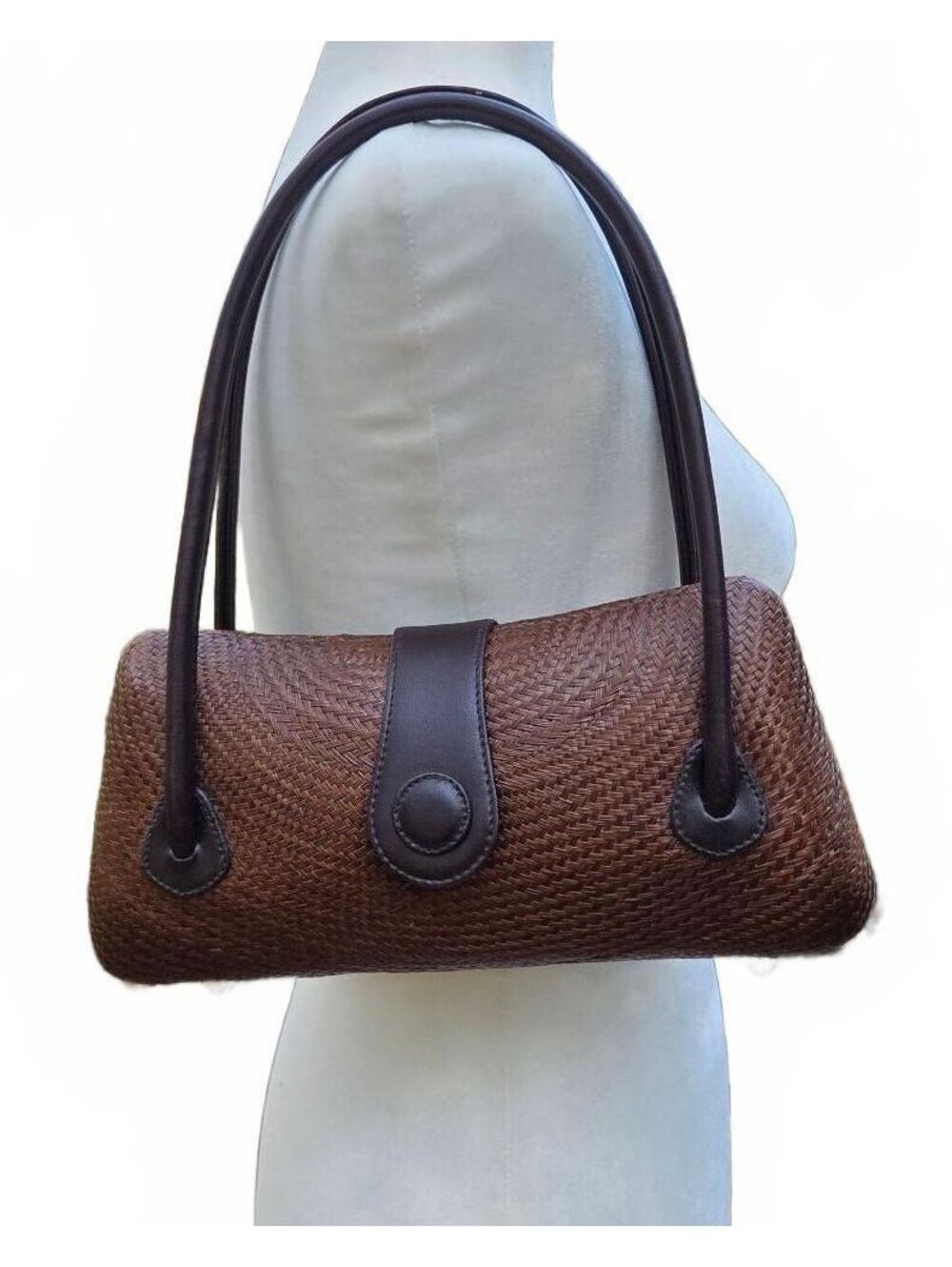 Vintage Le Sac Woven Brown Straw Shoulder Bag Barrel Bag 90s Y2K Coastal